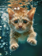 Wall Mural - A cat swimming under water with bubbles coming up from the surface. Generative AI.