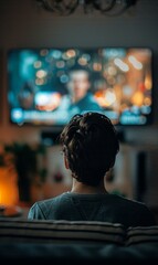 Canvas Print - A person sitting in front of a television watching something. Generative AI.