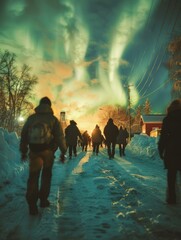 Poster - A group of people walking down a snowy road with the aurora lights in the sky. Generative AI.