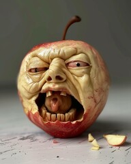 Poster - A close up of a fake apple with an open mouth. AI.