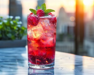 Poster - A glass filled with ice and raspberries on a table. AI.