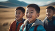 Portrait mongoloid children. Happy cute asian friends on rustic sunny ethnic background. Family love and relationship sibling concept