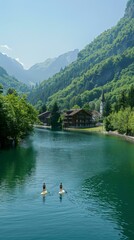 Poster - Two people on surfboards paddling down a river in the mountains. AI.