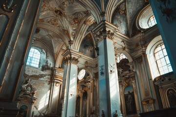 Wall Mural - A church with majestic columns and a vintage clock on the wall. Ideal for religious themes and architectural design