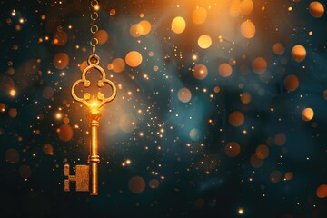 Wall Mural - A shiny golden key hanging from a chain. Ideal for security or access concepts