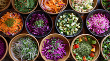 Bowls Filled With Green Leafy Salads, Creamy Dressed Salads With Herbs, Vibrant Shredded Red Cabbage, Chunky Tomato, Pickled Beetroot Slices, And Shredded White Cabbage Mixed With Greens