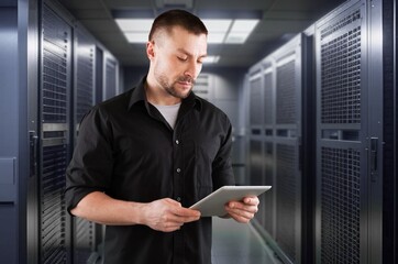 programming, worker person with a digital tablet in office
