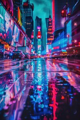 Wall Mural - A city street at night with neon lights, perfect for urban themes