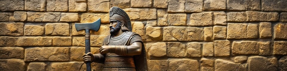 Wall Mural - Abstract fantasy illustration bronze statue of ancient warrior on stone wall background, background for social media banner, website and for your design, space for text.	
