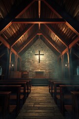 Wall Mural - An empty church with a cross on the wall, suitable for religious themes