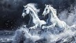 White horses galloping in ocean waves - Two majestic white horses captured in motion, splashing through the ocean waves with power and grace
