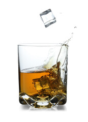 Sticker - Whiskey splashing out of glass on white background