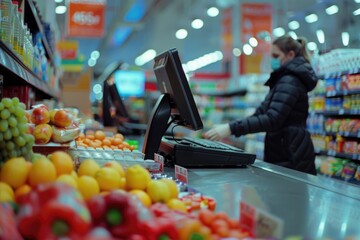 Wall Mural - A woman standing at a cash register in a grocery store. Suitable for retail or consumerism concepts