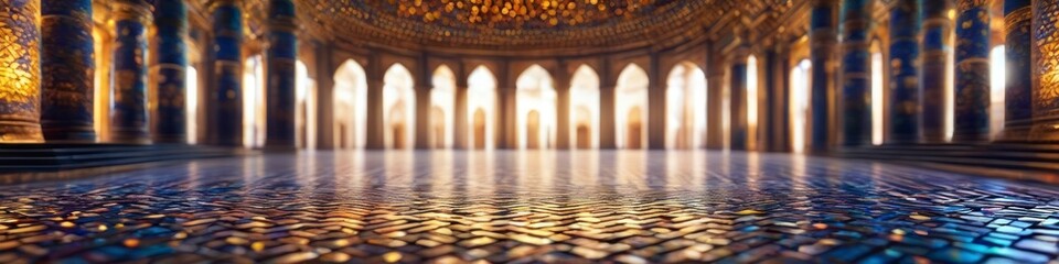 Wall Mural - Abstract colorful illustration of ancient oriental palace interior, blurred bokeh background for social media banner, website and for your design, space for text.	