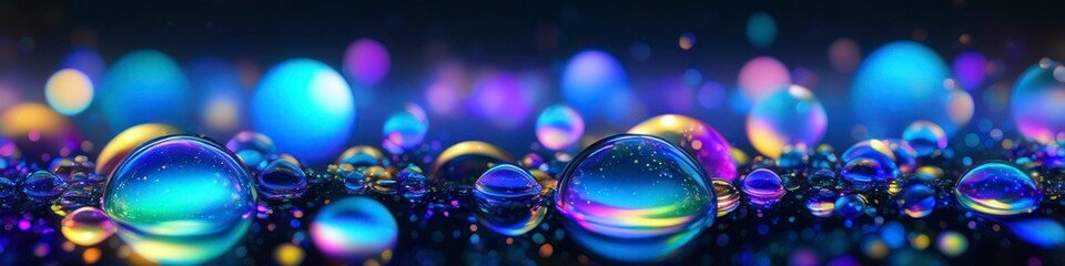Wall Mural - Abstract colorful illustration colorful bubbles on water on dark blurred background, background for design, space for text.	
