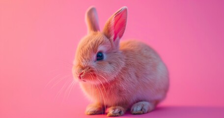 Dwarf rabbit with bright eyes, compact and fluffy, sitting attentively. 