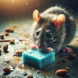 A rodent is seen eating a blue wax poison block on a dirty floor in this pest control scene, highlighting the need for effective pest management solutions