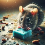 Fototapeta Most - A rodent is seen eating a blue wax poison block on a dirty floor in this pest control scene, highlighting the need for effective pest management solutions