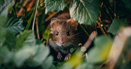 Wall Mural - Vole peeking from beneath foliage, small and elusive, survival instinct. 
