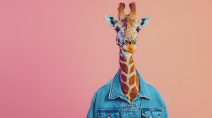 Wall Mural - A giraffe wearing a denim jacket on a pink background. Ideal for fashion or quirky themed designs