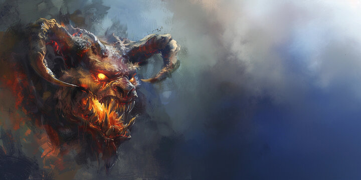 A Demon Head Isolated on a  Smoky Background Fantasy RPG Art Banner