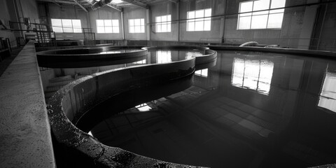 Wall Mural - A striking black and white image of a large pool of water. Suitable for various design projects