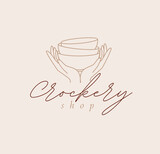 Fototapeta  - Hands holding bowls with lettering crockery shop drawing in linear style on beige background
