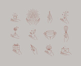 Fototapeta  - Hands with elements nail polish, pizza, pen, ink, feather, dandelion, crystal, bowl, dishes, whisk, box, pencil, seashell, envelope drawing in linear style on beige background