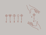 Fototapeta  - Key collection composition with hands drawing in linear style on beige background