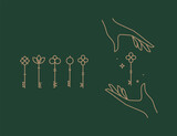 Fototapeta  - Key collection composition with hands drawing in linear style on green background