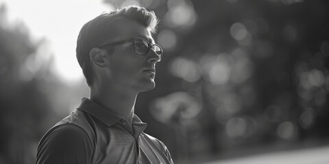 A man with glasses standing in a park. Suitable for business or leisure concepts