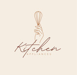 Fototapeta  - Hand holding whisk with lettering kitchen appliances drawing in linear style on beige background