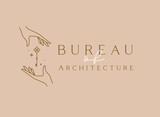 Fototapeta  - Hand with key and lettering bureau of architecture drawing in linear style on beige background