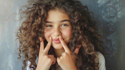 Canvas Print - A young girl with curly hair making a peace sign gesture. Suitable for lifestyle and youth-related content