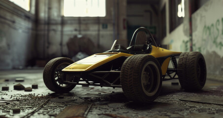 Wall Mural - a bright yellow race car parked on a dirty floor. perfect for automotive and racing themes