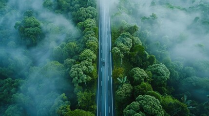 Poster - Aerial view of a road cutting through a dense forest. Suitable for travel and nature themes