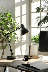 Poster - A modern office desk with a computer and a green plant. Suitable for business and technology concepts