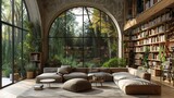 Fototapeta Panele - Scandinavian minimalist library with large windows and cozy reading nooks surrounded by nature