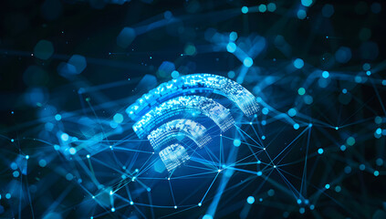 Poster -  Blue digital wireless network icon with abstract connection lines on a dark background. Abstract digital background of wifi icon with blue glowing connections on a dark background.
