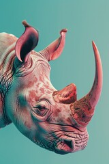 Poster - Detailed close up of a rhino's head on a blue background. Perfect for educational materials or wildlife conservation campaigns