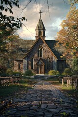 Wall Mural - A church with a steeple and a cross on the front. Suitable for religious themes