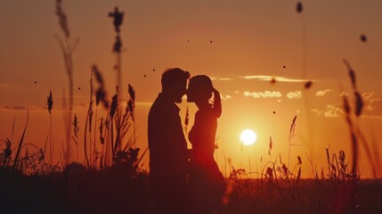 Wall Mural - Romantic couple enjoying a sunset kiss. Ideal for love and relationship concepts