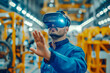 Caucasian male industrial engineer using VR technology for industrial design, development and prototyping at his workplace in factory. Future, technology and industry concept