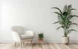Fototapeta  - Modern interior design of living room with armchair and wooden floor mock up, white wall background, minimal style, in HD