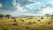 A breathtaking savanna landscape with acacia trees and grazing herds of wildlife under a vast open sky