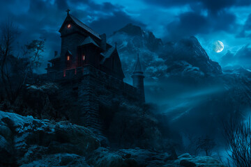 A haunted vampire castle on a mountain at night