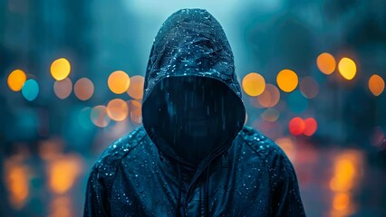 Man in raincoat and hoodie looking at night cityscape, concept hacker and cybercrime on the internet