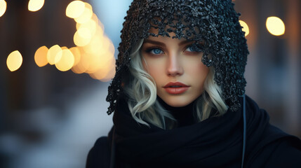 Sticker - photo of a girl in a stylish balaclava, decorated with crystals, rhinestones, sparkles, against the backdrop of the city, morning light, woman, fashion, winter, walk, sky, mask, eyes