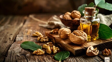 fresh walnuts and oil on an old wooden table
