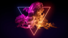 Trendy Background Design. Cloud Formation With Pink And Yellow, Triangle Shaped Neon Frame.
